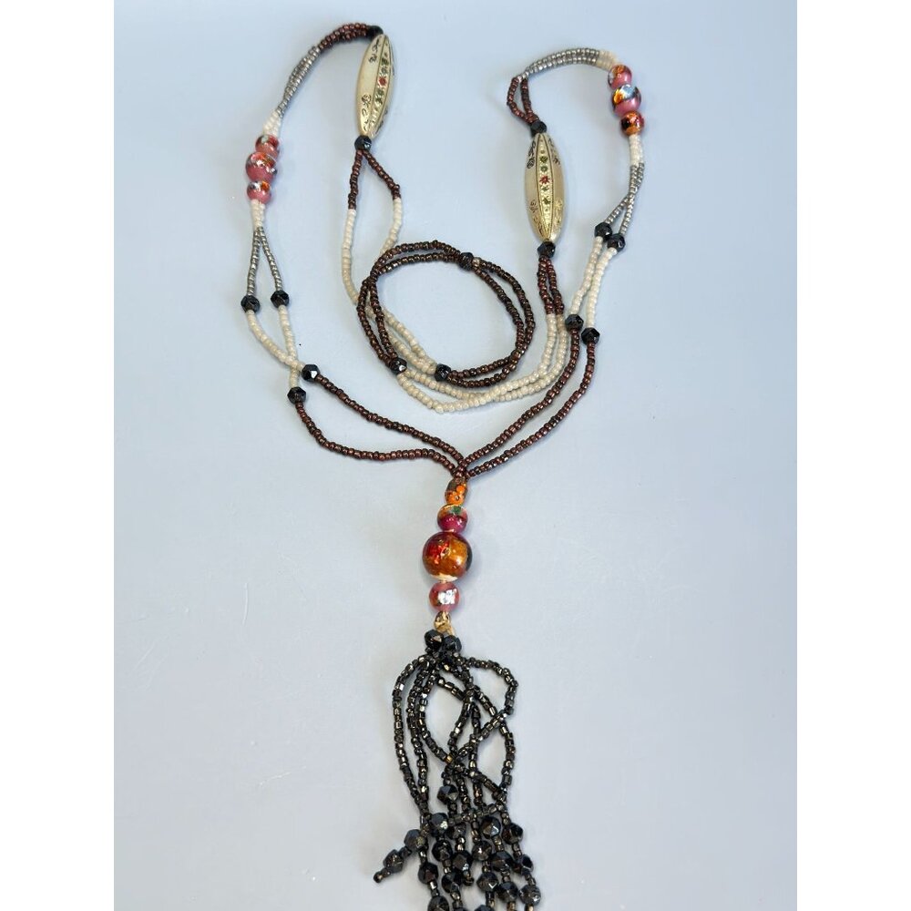 Vintage Beaded Tassel Necklace Multicolor Glass Beads MOP Boho Chic Style - Picture 4 of 6
